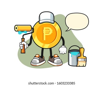 Philippine peso painter with speech bubble cartoon. Mascot Character vector.