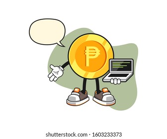 Philippine peso programmer with speech bubble cartoon. Mascot Character vector.
