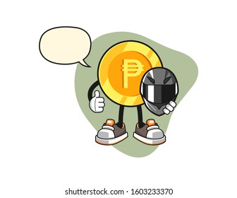 Philippine peso racer with speech bubble cartoon. Mascot Character vector.