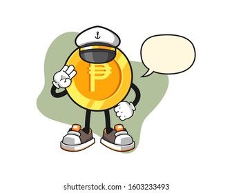 Philippine peso ship master with speech bubble cartoon. Mascot Character vector.