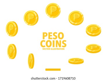 Philippine Peso sign gold coin isolated on white background, set of flat icon of coin with symbol at different angles.