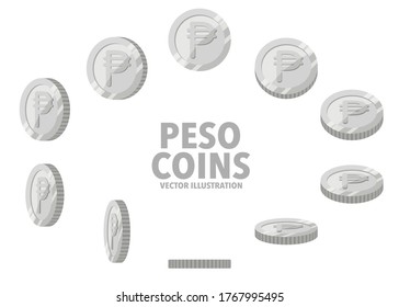 Philippine Peso sign silver coins isolated on white background. Set of flat icon design of spin coins with symbol at different angles.