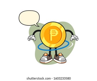 Philippine peso spinning a hula hoop with speech bubble cartoon. Mascot Character vector.