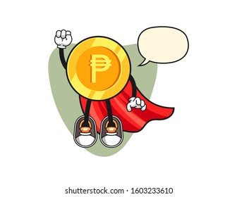 Philippine peso super hero with speech bubble cartoon. Mascot Character vector.