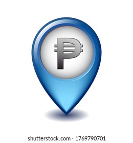 Philippine peso symbol on Mapping Marker vector icon. Illustration design of currency sign of Philippine on Map Pointer. Symbol of monetary unit. Vector illustration isolated on white background