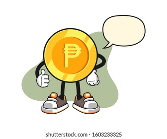 Philippine peso thumbs up with speech bubble cartoon. Mascot Character vector.
