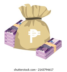 Philippine Peso Vector Illustration. Philippines money set bundle banknotes. Money bag 100 PHP. Flat style. Isolated on white background. Simple minimal design.