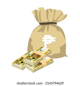 Philippine Peso Vector Illustration. Philippines money set bundle banknotes. Money bag 500 PHP. Flat style. Isolated on white background. Simple minimal design.