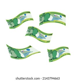 Philippine Peso Vector Illustration. Philippines money set bundle banknotes. Falling, flying money 200 PHP. Flat style. Isolated on white background. Simple minimal design.