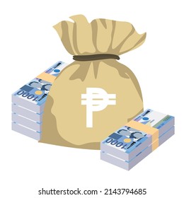 Philippine Peso Vector Illustration. Philippines money set bundle banknotes. Money bag 1000 PHP. Flat style. Isolated on white background. Simple minimal design.