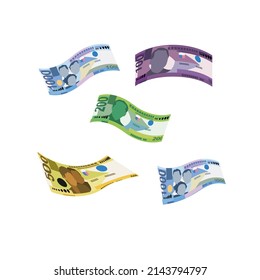 Philippine Peso Vector Illustration. Philippines money set bundle banknotes. Falling, flying money 100, 200, 500, 1000 PHP. Flat style. Isolated on white background. Simple minimal design.