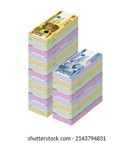 Philippine Peso Vector Illustration. Philippines money set bundle banknotes. Paper money 100, 200, 500, 1000 PHP. Flat style. Isolated on white background. Simple minimal design.