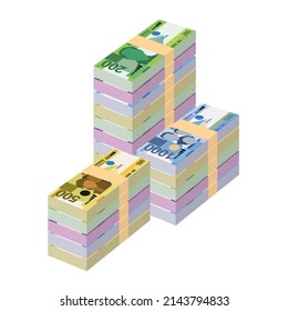 Philippine Peso Vector Illustration. Philippines money set bundle banknotes. Paper money 100, 200, 500, 1000 PHP. Flat style. Isolated on white background. Simple minimal design.