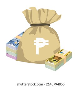 Philippine Peso Vector Illustration. Philippines money set bundle banknotes. Money bag 100, 200, 500, 1000 PHP. Flat style. Isolated on white background. Simple minimal design.