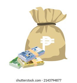 Philippine Peso Vector Illustration. Philippines money set bundle banknotes. Money bag 100, 200, 500, 1000 PHP. Flat style. Isolated on white background. Simple minimal design.