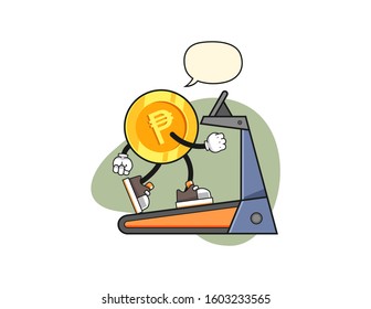 Philippine peso walking on treadmill with speech bubble cartoon. Mascot Character vector.