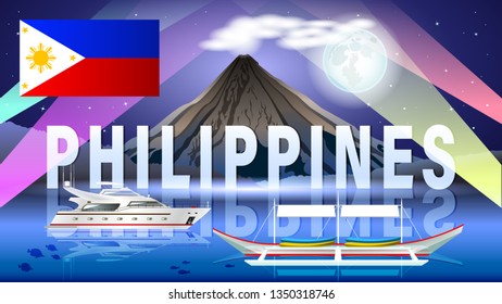 The Philippine tourism landscape. Night composition with beautiful sea views, a volcano, a boats and a full moon. Philippine flag. Horizontal vector illustration.