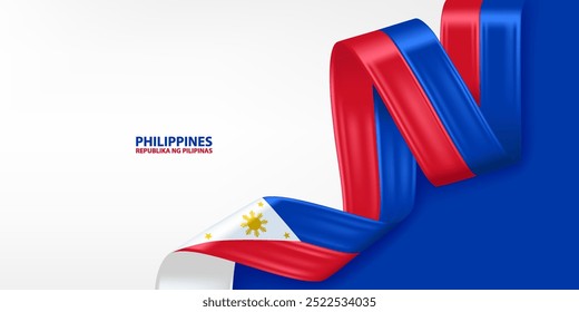 Bandeira da fita 3D das Filipinas. Bandeira 3D ondulada em cores da bandeira nacional das Filipinas. Plano de fundo da bandeira nacional.