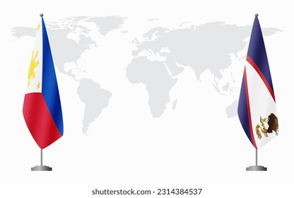 Philippines and American Samoa flags for official meeting against background of world map.