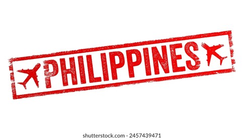 Philippines is an archipelago in Southeast Asia, comprising over 7,000 islands in the western Pacific Ocean, text emblem stamp with airplane