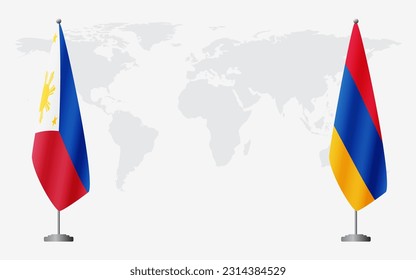 Philippines and Armenia flags for official meeting against background of world map.