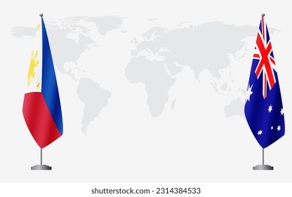 Philippines and Australia flags for official meeting against background of world map.