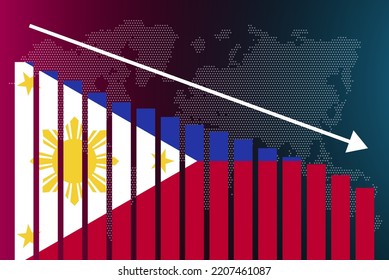 Philippines bar chart graph, decreasing values, crisis and downgrade concept, Philippines flag on bar graph, down arrow on data, news banner idea, fail and decrease, financial statistic