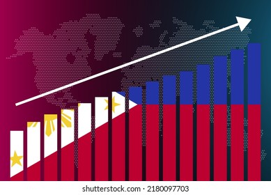 Philippines bar chart graph, increasing values, country statistics concept, Philippines country flag on bar graph, upward rising arrow on data, news banner idea