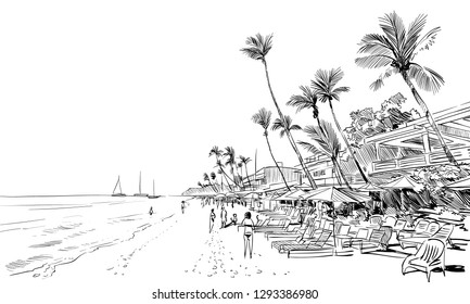 Philippines. Beautiful tropical island. Resort. Sandy beaches with palms. Hand drawn sketch. Vector illustration.