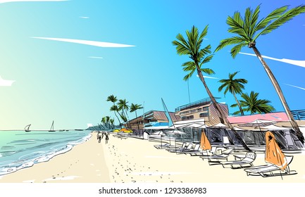 Philippines. Beautiful tropical island. Resort. Sandy beaches with palms. Hand drawn sketch. Vector illustration.