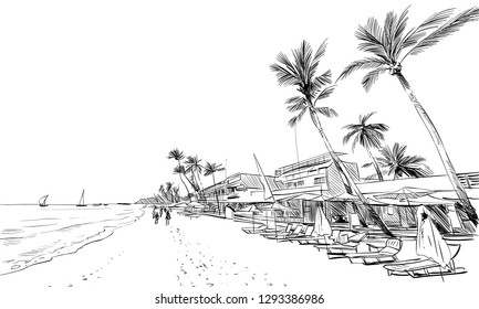 Philippines. Beautiful tropical island. Resort. Sandy beaches with palms. Hand drawn sketch. Vector illustration.