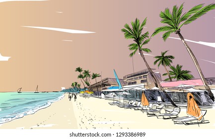 Philippines. Beautiful tropical island. Resort. Sandy beaches with palms. Hand drawn sketch. Vector illustration.