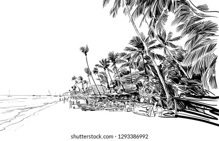 Philippines. Beautiful tropical island. Resort. Sandy beaches with palms. Hand drawn sketch. Vector illustration.