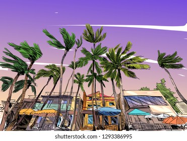 Philippines. Beautiful tropical island. Resort. Sandy beaches with palms. Hand drawn sketch. Vector illustration.