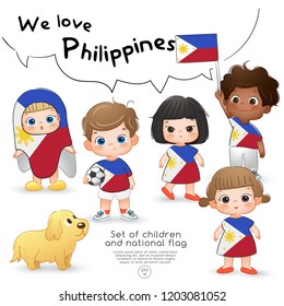 Philippines : Boys and girls holding flag and wearing shirts with national flag print : Vector Illustration