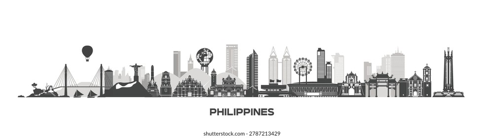 Philippines building landscape design, tourist attraction icons and Philippines country icons, beautiful asia culture country skyline	