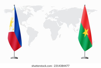 Philippinen und Burkina Faso Flaggen für offizielle Treffen vor dem Hintergrund der Weltkarte.