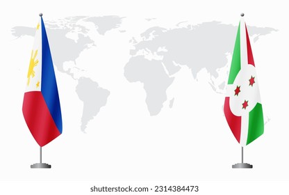 Philippines and Burundi flags for official meeting against background of world map.