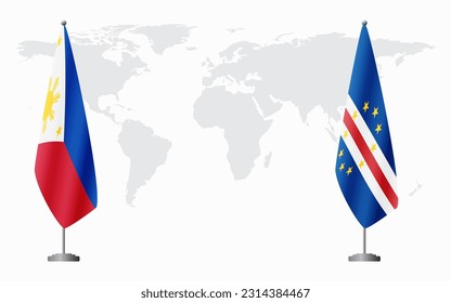 Philippines and Cape Verde flags for official meeting against background of world map.