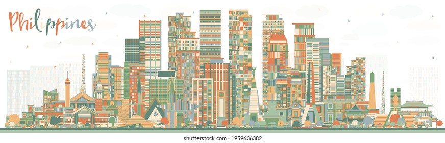 Philippines City Skyline with Color Buildings. Vector Illustration. Travel Concept with Historic Architecture. Philippines Cityscape with Landmarks. Manila, Quezon, Davao, Cebu.