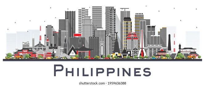 Philippines City Skyline with Gray Buildings Isolated on White. Vector Illustration. Travel Concept with Historic Architecture. Philippines Cityscape with Landmarks. Manila, Quezon, Davao, Cebu.