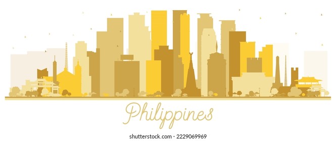 Philippines City Skyline Silhouette with Golden Buildings Isolated on White. Vector Illustration. Concept with Historic Architecture. Philippines Cityscape with Landmarks. Manila, Quezon, Davao, Cebu.