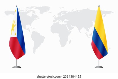 Philippines and Colombia flags for official meeting against background of world map.