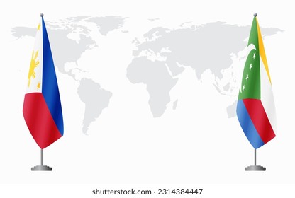 Philippines and Comoros flags for official meeting against background of world map.