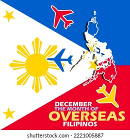 Philippines country map and flag with airplane icons and bold text to commemorate The Month of Overseas Filipinos on December in Philippines