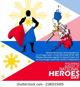 Philippines country map and flag with illustration of a hero wearing wings from the Philippine flag with bold text and sentences to celebrate National Heroes Day August 22 in Philippines