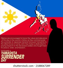 Philippines country map with flag and silhouette of a person standing with bold text and sentences on dark red background to commemorate Yamashita Surrender Day on September 3
