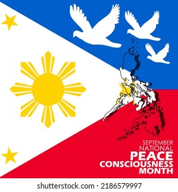 Mapa de Filipinas con bandera y símbolo de paz de tres palomas blancas con texto en negrita para conmemorar el Mes de Conciencia Nacional de la Paz en setiembre en Filipinas