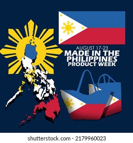 Philippines country map and flag with two bags decorated with philippines flag with bold text on dark blue background to commemorate Made in the Philippines Product Week August 17-23