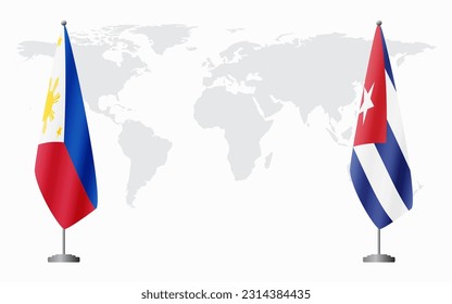 Philippines and Cuba flags for official meeting against background of world map.